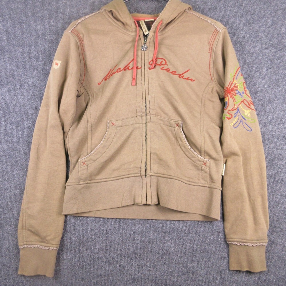 Y2K Machu Picchu Hoodie Womens Small Beige Full Zip Embroider Butterfly Graphic